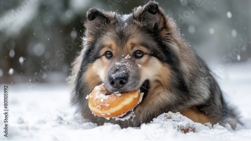 the joyous moment of a Norwegian Elkhound Dog eat doughnut in special shot photography photo