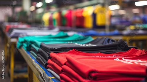 Chic printing gear in a print business depicting an array of t-shirts depicted over the printshop facility. Heat Transfer T Shirt Printing. Tshirt Merchandise. printing prints on T-shirts. 