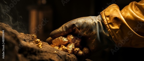 Close-up of a worker's glove-clad hand examining a gold nugget, with focus on the texture contrast between glove and gold,