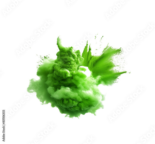 Vibrant green paint explosion, resembling a blooming flower, with splashes and droplets, isolated on transparent background. Generative AI