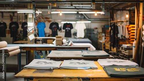 Chic printing gear in a print business depicting an array of t-shirts depicted over the printshop facility. Heat Transfer T Shirt Printing. Tshirt Merchandise. printing prints on T-shirts.  photo