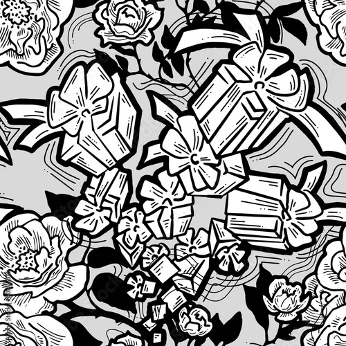 Wallpaper Mural Gift box, ribbon and flowers seamless vector pattern for wrapping present with bow, party celebration, sale promotion, Textile print, fabric design, banner background. Hand drawn style illustration. Torontodigital.ca