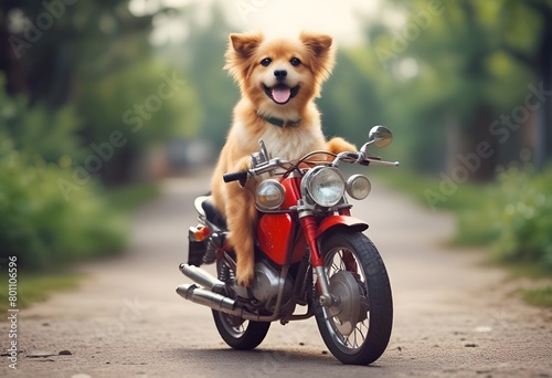 funny picture of cute spotted dog riding a red motorcycle