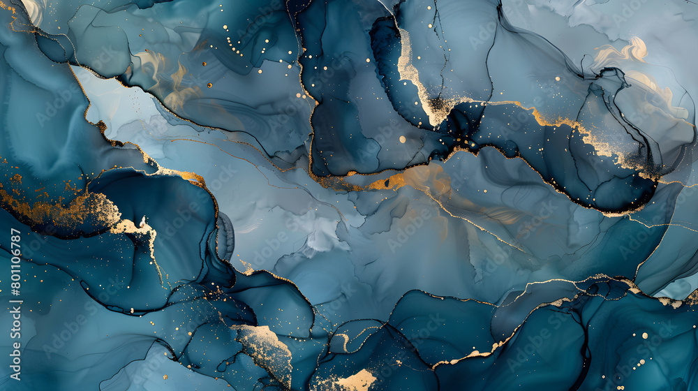 Luxury abstract fluid art painting in alcohol ink technique, mixture of dark blue, gray and gold paints marble background. Generative AI.