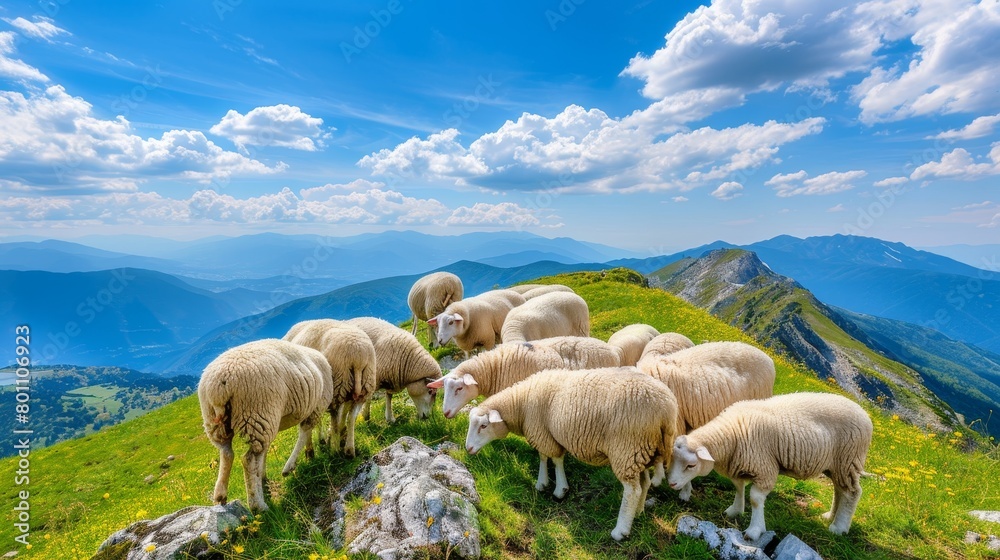 Fototapeta premium Tranquil sheep grazing in scenic mountain landscape with serene outdoor nature vibe