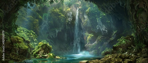 A lush green forest with a waterfall in the background