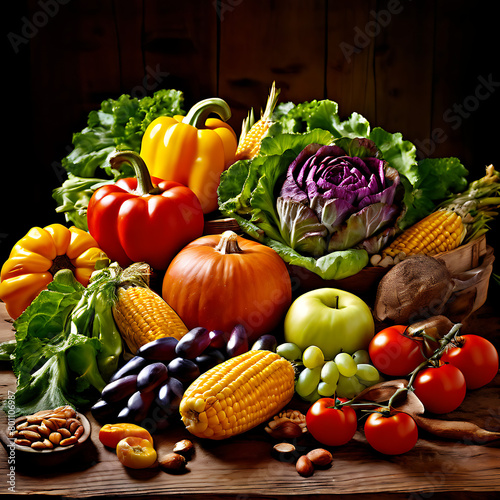 vibrant harvest bounty displayed on a rustic wooden table fresh seasonal vegetables