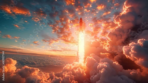 A businessman launches a rocket from his hand into the sky, symbolizing growth, fast success, and startup business. photo