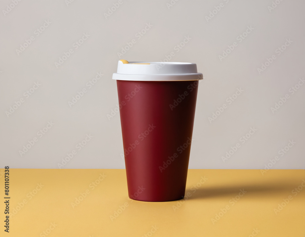 A red cup with a white lid is set against a white and yellow background. A red cup with a white lid is set against a white and yellow background.