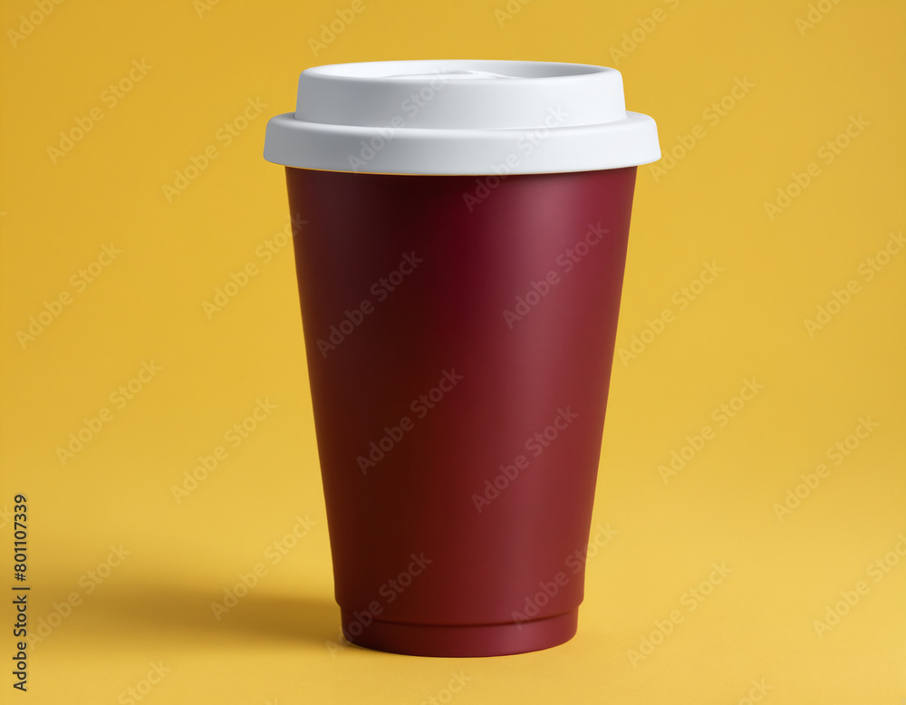 A red cup with a white lid is on a bright yellow background. A red cup with a white lid is on a bright yellow background.