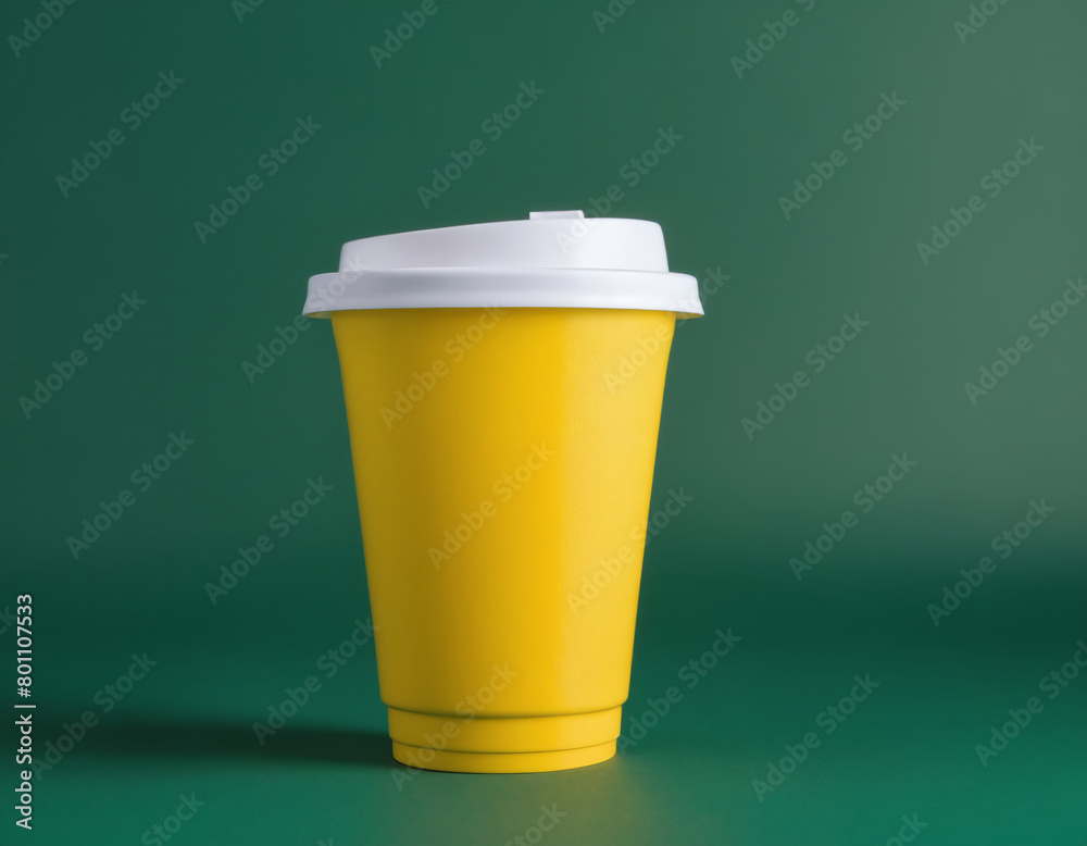 A bright yellow cup stands against a green background. A bright yellow cup stands against a green background.