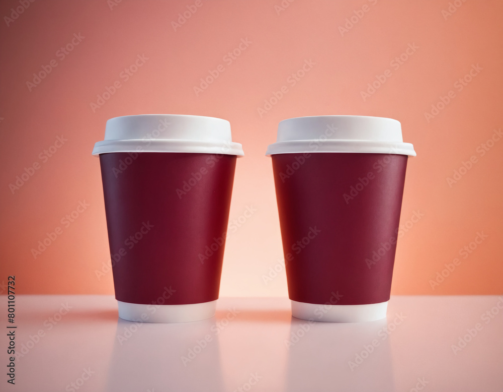 Two red and white coffee cups with a white lid is on a light burgundy background. Two red and white coffee cups with a white lid is on a light burgundy background.