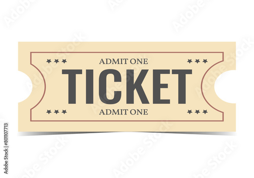 Ticket isolated on white background. Vector. Circus, movie, grandstand, performance, theater, concert, play, play, party, event, festival, realistic in retro style. Ticket template
