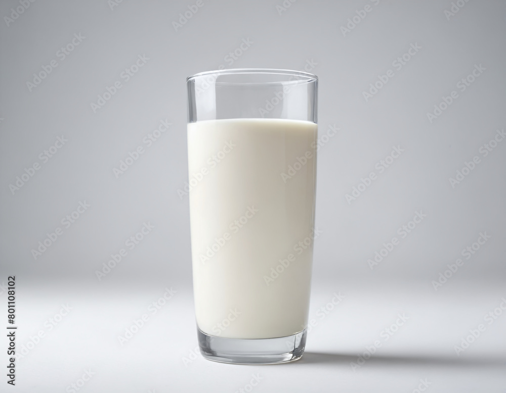 A transparent glass filled with milk stands against a white background. A transparent glass filled with milk stands against a white background.