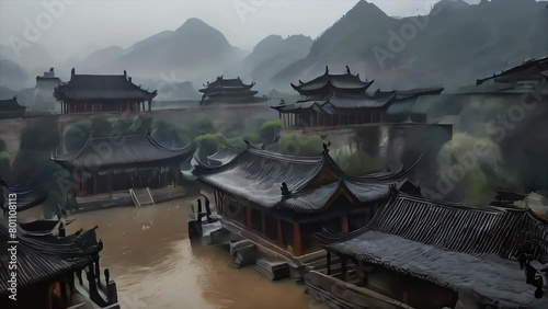  An ancient town in China, rain, fog,, through the 50mm photography head captured the picture, ultra-fine photography, realistic, realistic photo