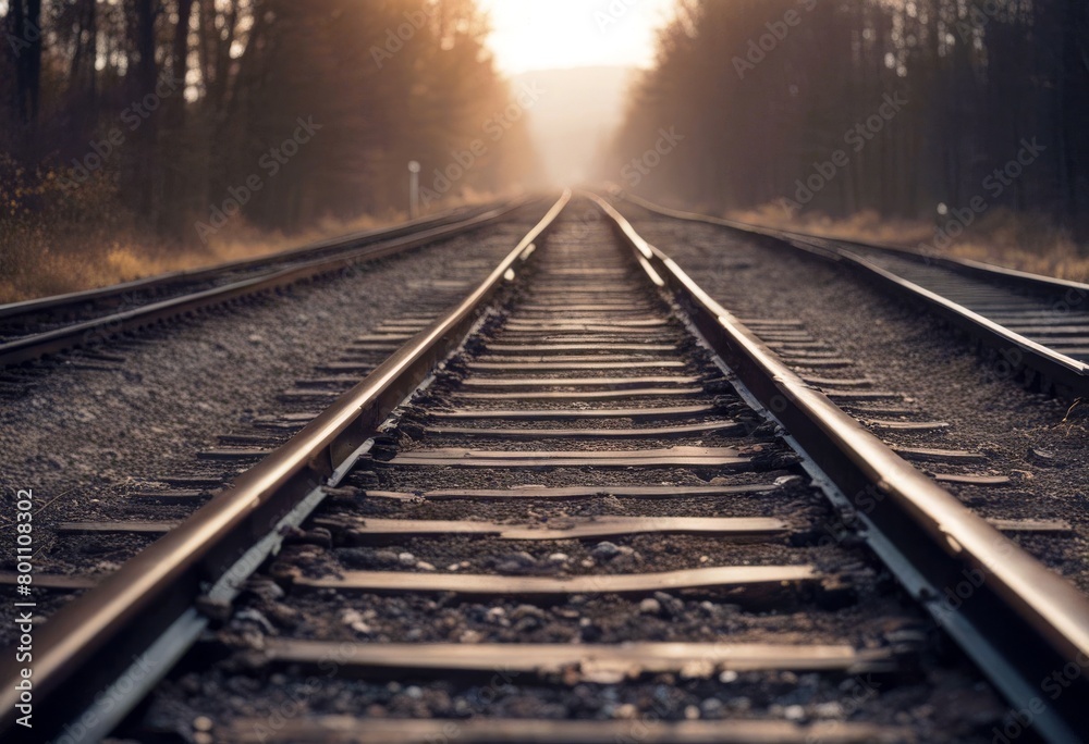 Fototapeta premium 'railway isolated railroad rail sleeper track nobody steel transportation travel horizontal rection way journey pattern forward outdoors vanishing road view image iron closeup'