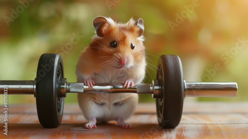 Funny hamster lifts a barbell, humorous background image of an athlete's mouse © kichigin19
