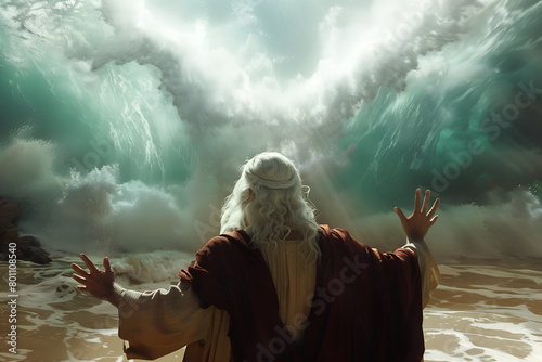 Artistic illustration of back view of Moses dividing the red sea in exodus