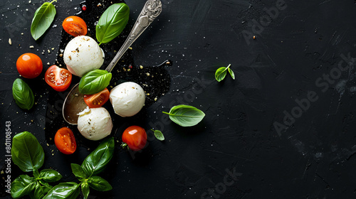 Spoon with mozzarella cheese balls cherry tomato and background