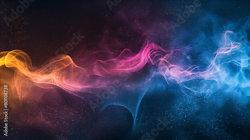 Blue, pink, and yellow abstract luminous colour waves, black background noise texture, and a grainy gradient background make up this banner poster header design.