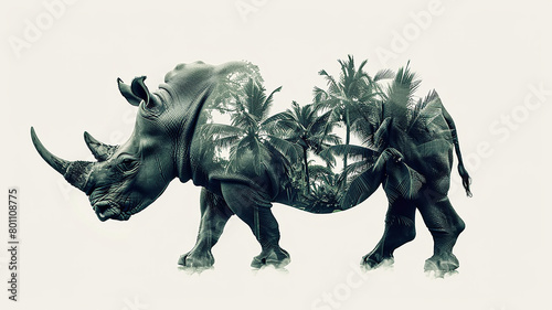 Rhinoceros in palm leaves, abstract black and white graphic background image of the animal