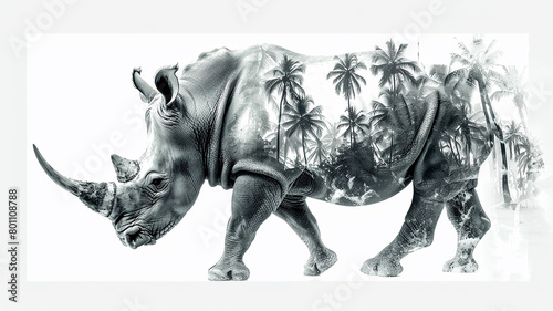 Rhinoceros in palm leaves  abstract black and white graphic background image of the animal