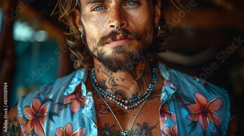 Close-Up Portrait of a Man with Intricate Tattoos in a Floral Shirt