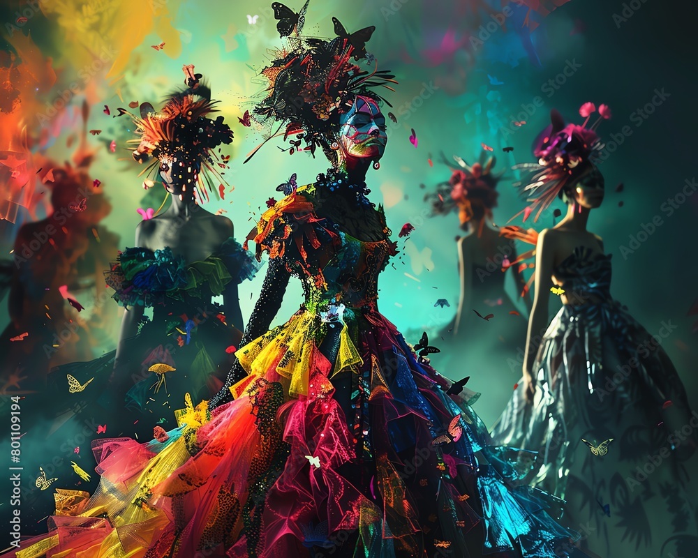 Surgical scene turned magical party, with vibrant fashion and imaginative colors, blending reality with fantasy