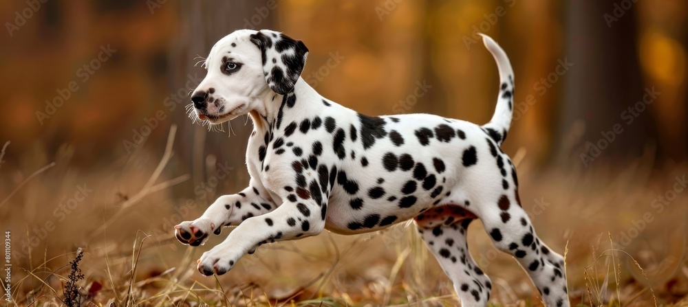 Lively dalmatian puppy joyfully playing in a meadow, a delightful and spotted canine beauty