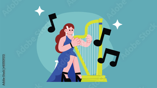 Woman playing harp vector illustration isolated. Music girl with string instrument siting on chair on concert event. Lady art performer. Musician with lira on stage. Opera classic concert event.