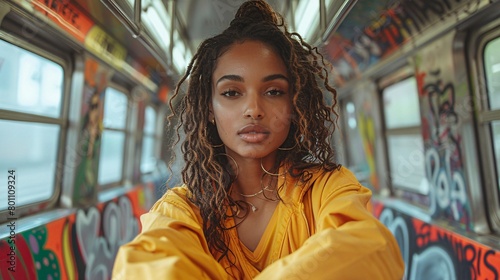 Young Woman in Vibrant Yellow Jacket on Graffiti Subway Car