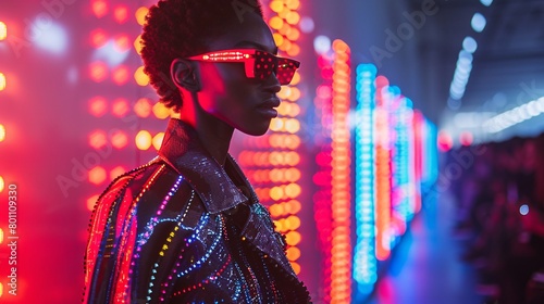 Futuristic Fashion with LED Glasses and Neon Lights photo