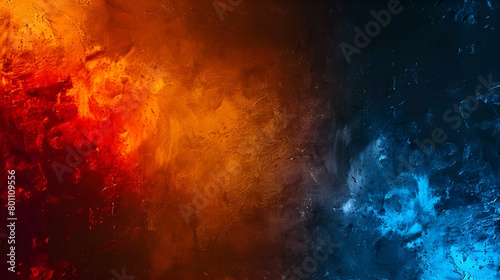 Bright orange, blue, red, and black background with a grainy gradient and abstract, luminous, dark colours texture effect of noise