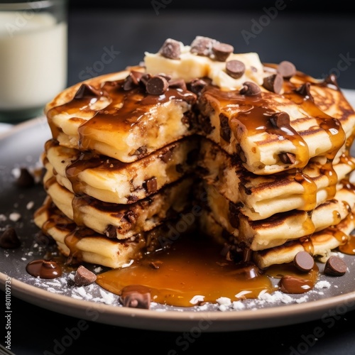  delicious fluffy chocolate chip pancakes with the topping of butter and sugar syrup on a plate with a slice cut out and glass of milk