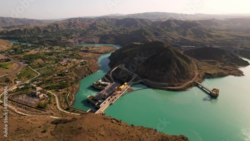 Aerial view of hydroelectric power plant. Toktogul hydroelectric power station on the Naryn River, Kyrgyzstan. photo