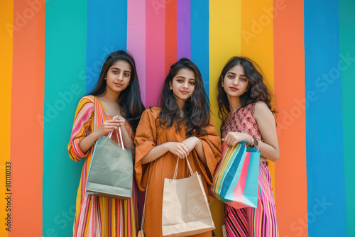Young indian girls with shopping bags on colorful background
