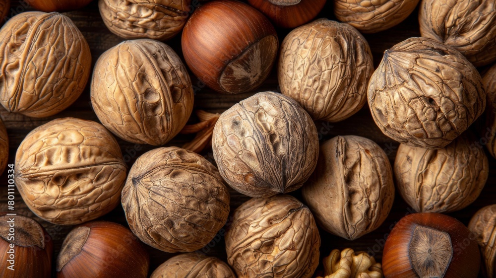 Assorted nuts creating a rustic and natural background, ideal for versatile design purposes Assorted nuts creating a rustic and natural background, ideal for versatile design purposes