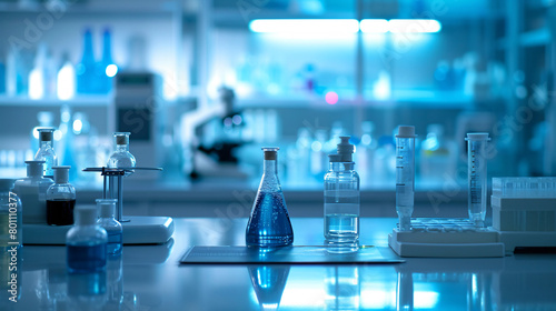 Blue-hued lab interior with various beakers and flasks, reflecting the meticulous nature of scientific experimentation