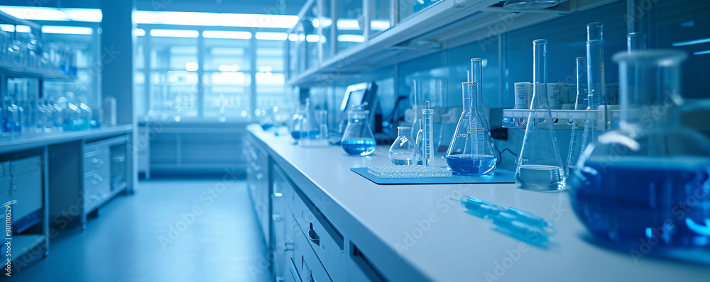 Fototapeta premium A modern laboratory filled with scientific glassware and high-tech equipment, showcasing a sterile and precise research environment