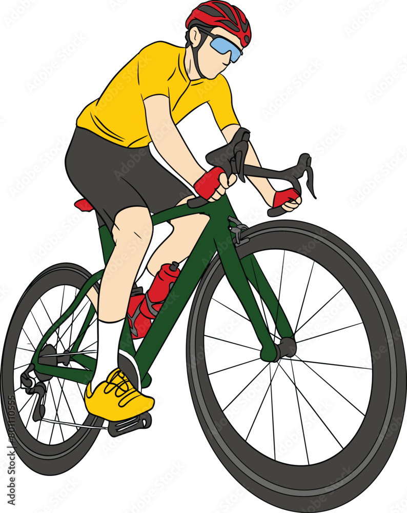 Naklejka premium vector cycling bicycle rider athlete wearing sunglasses on road bike coloring silhuotte drawing helmet racing tour 