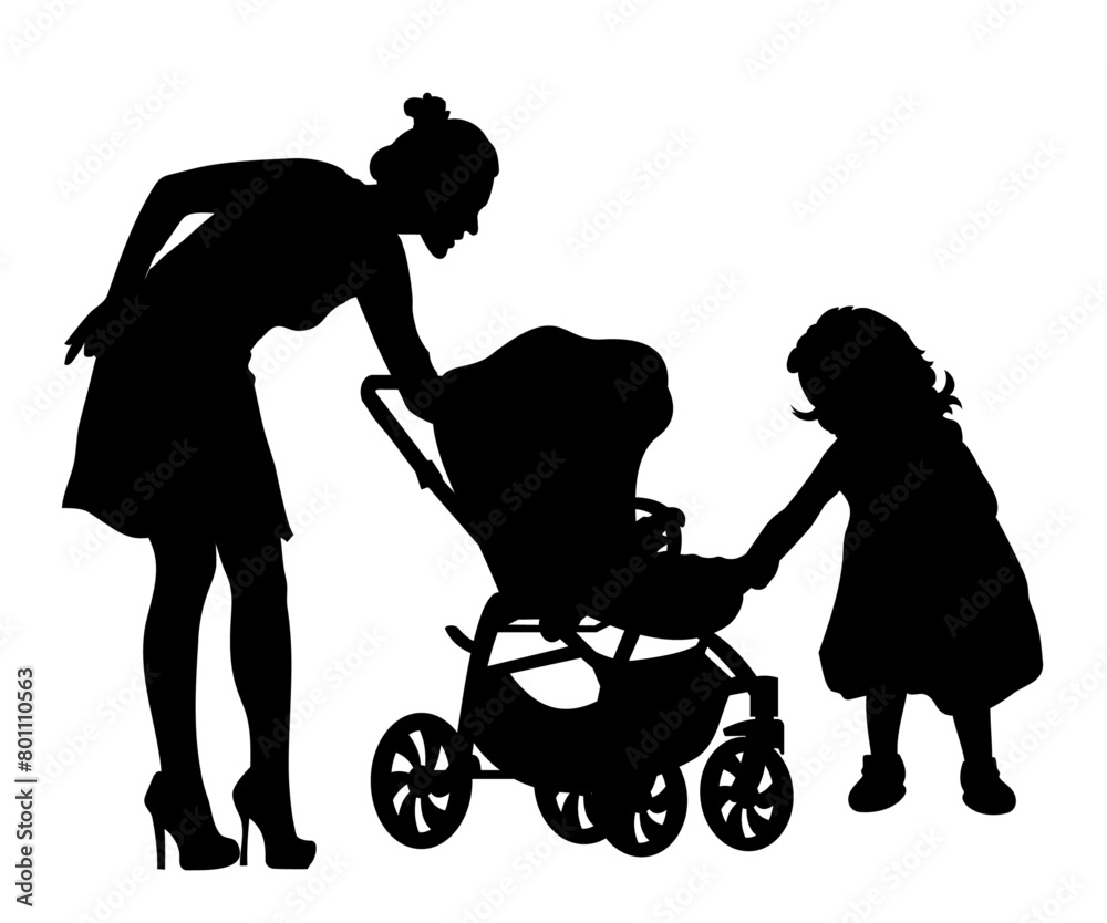 Family silhouettes. Mother walking with baby in stroller. Vector illustration. Family silhouettes. Mother walking with baby in stroller. Vector illustration.
