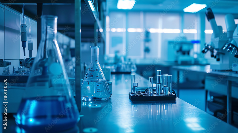 A modern laboratory filled with scientific glassware and high-tech equipment, showcasing a sterile and precise research environment