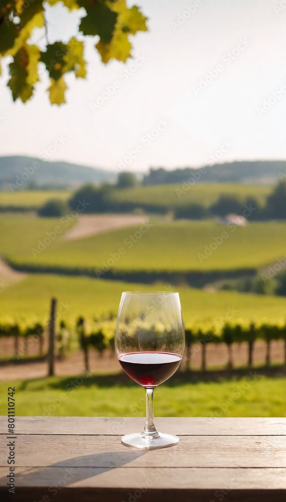 Single Glass of wine on the table with wine farm on the background