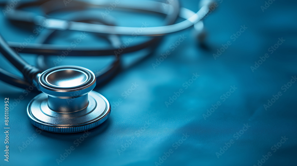 Medical stethoscope on a blue surface, representing healthcare, medical care and diagnostics Medical stethoscope on a blue surface, representing healthcare, medical care and diagnostics