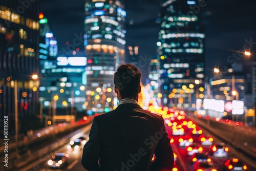 A man in a suit stands on a bridge looking out over a busy city street