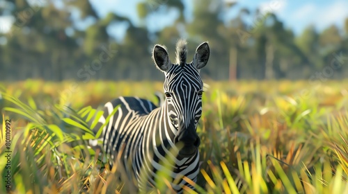 Zebra roaming in a digitized grassland biome  lifelike detail  interactive environment