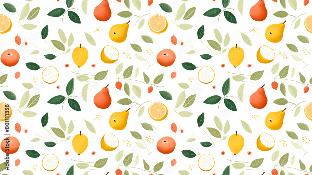 A seamless pattern of hand-drawn fruits and leaves on a white background