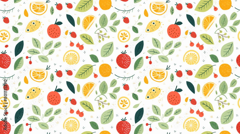 A seamless pattern of hand-drawn fruits and leaves. A seamless pattern of hand-drawn fruits and leaves.