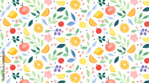 A seamless pattern of hand-drawn fruits and leaves.