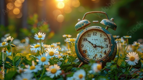 Alarm clock on beautiful nature background with green grass and white flowers meadow